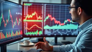 Financial analyst reviewing AI market analysis on stock trends and volatility