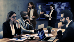 Business professionals analyzing AI debt market trends and opportunities.