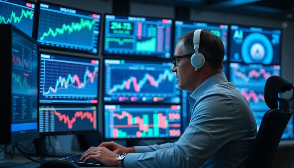 Trader analyzing AI stock market trends and investment opportunities