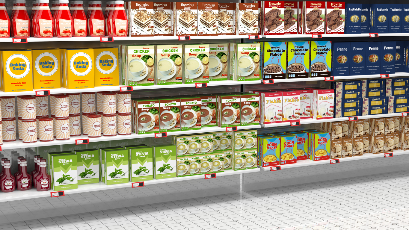grocery shelves with branded and private label products